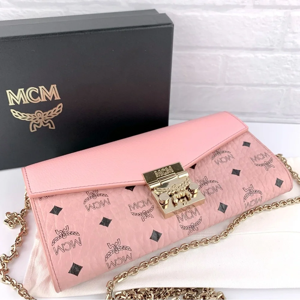 NEW! MCM Visetos Pink Diamond Pattern Tracy Wallet Chain Crossbody Bag $550 - Picture 4 of 16
